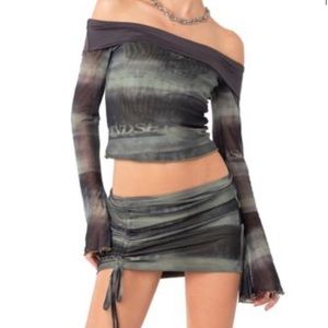Edikted Torah Fold-Over Off the Shoulder Mesh Top and Skirt Set